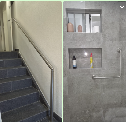 Stainless steel stair handrail and L-shaped shower grab rail installed in a Roselands home.